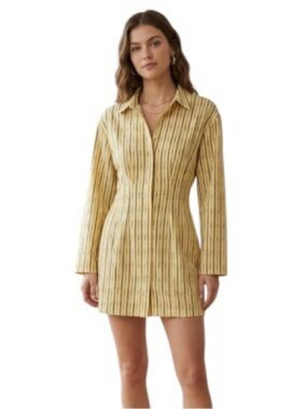 Reformation Yellow Button-Down Dress with Black Stripe Pattern